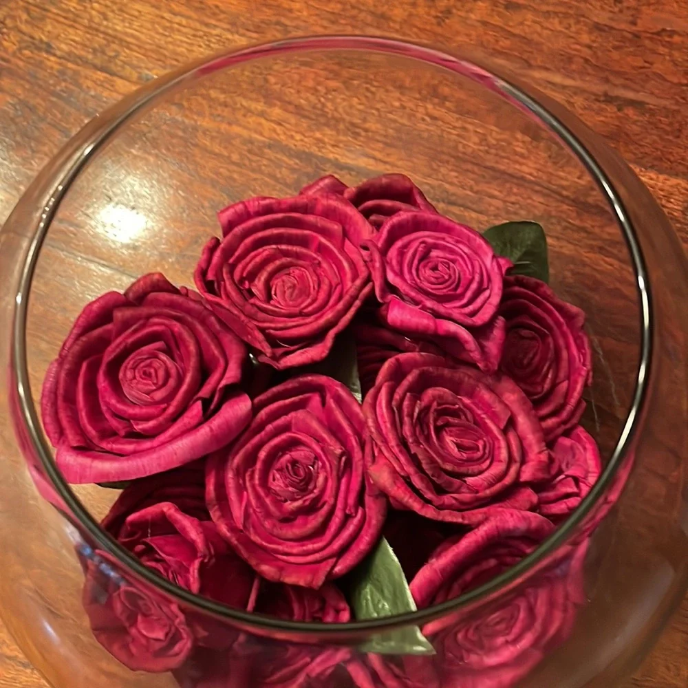 Handcrafted glass bowl with 17 silk or paper roses set in resin.
